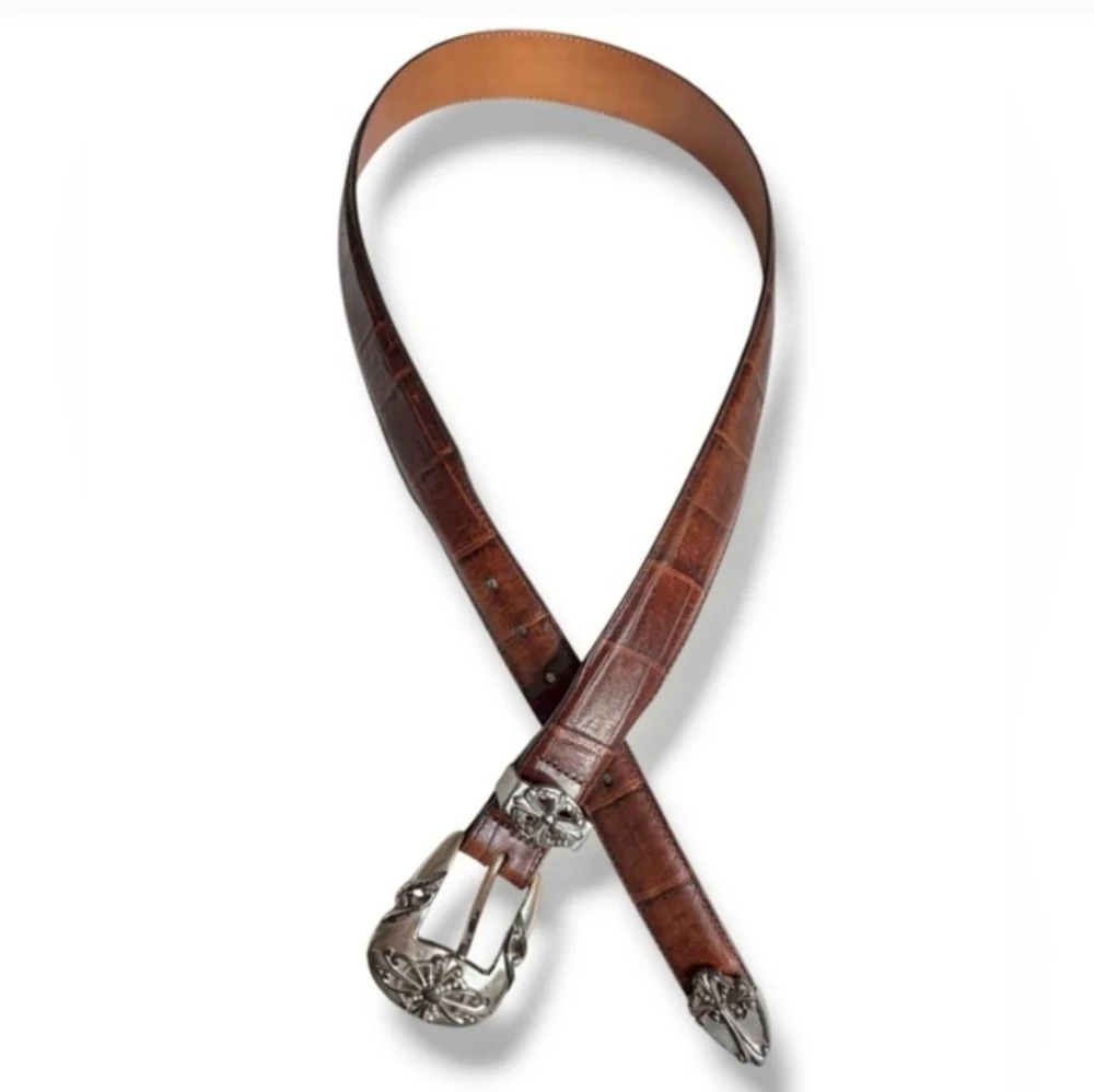 BRIGHTON Brown Croc Embossed Belt Silver Tone Filigree Details VINTAGE